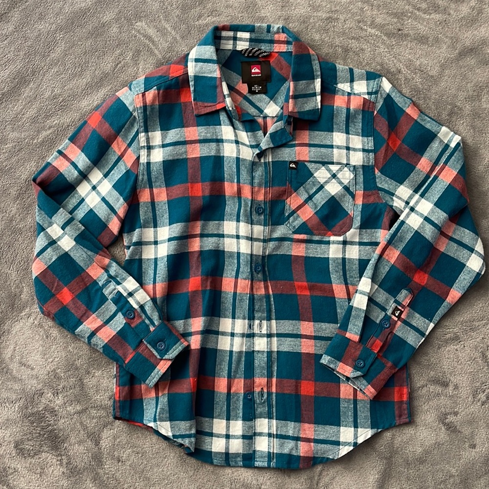 Quiksilver Boys Flannel NWOT Medium (12) Teal Red/Orange Plaid